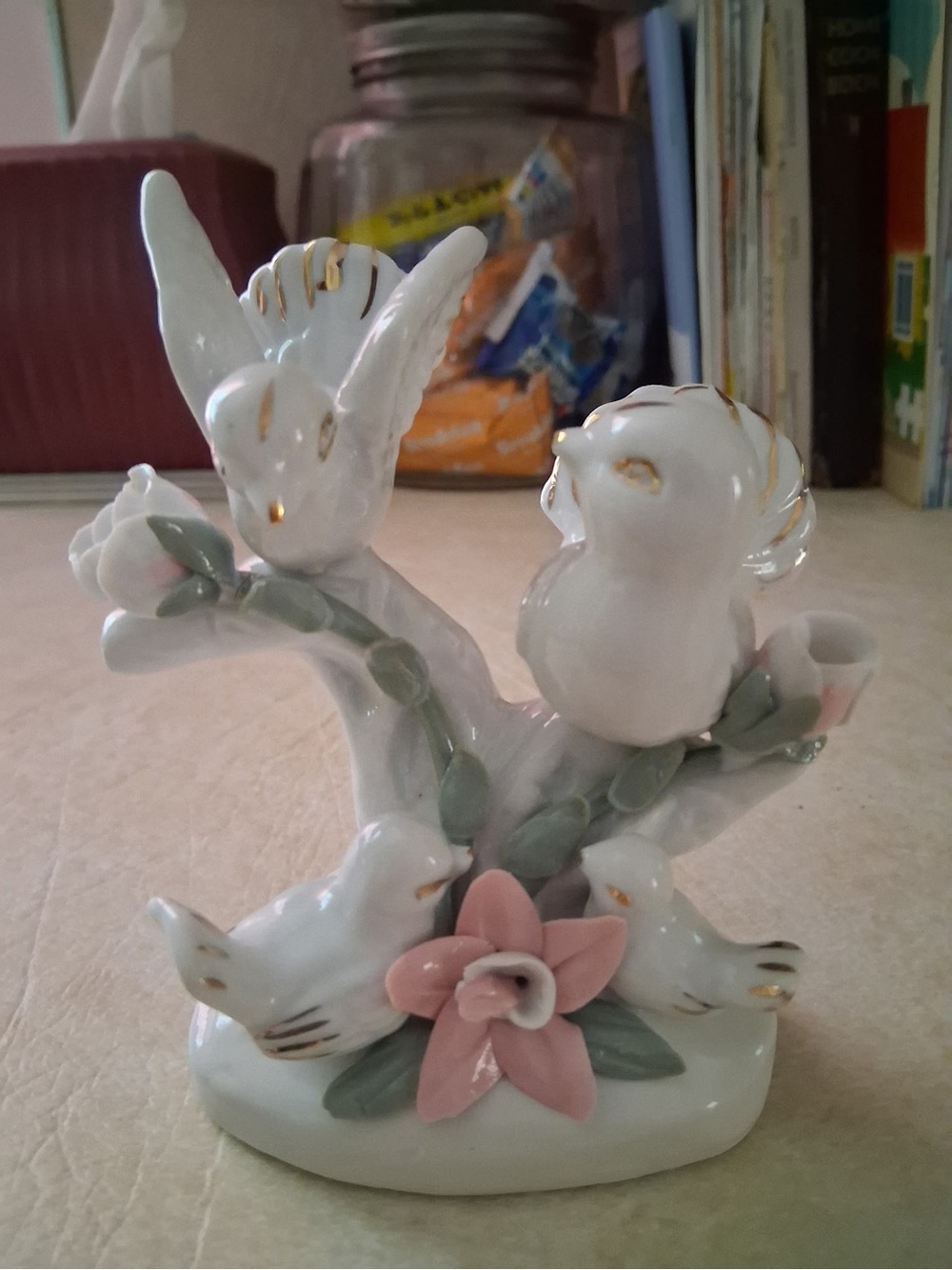 Porcelain White and Pink Bird Figurine Home Accent